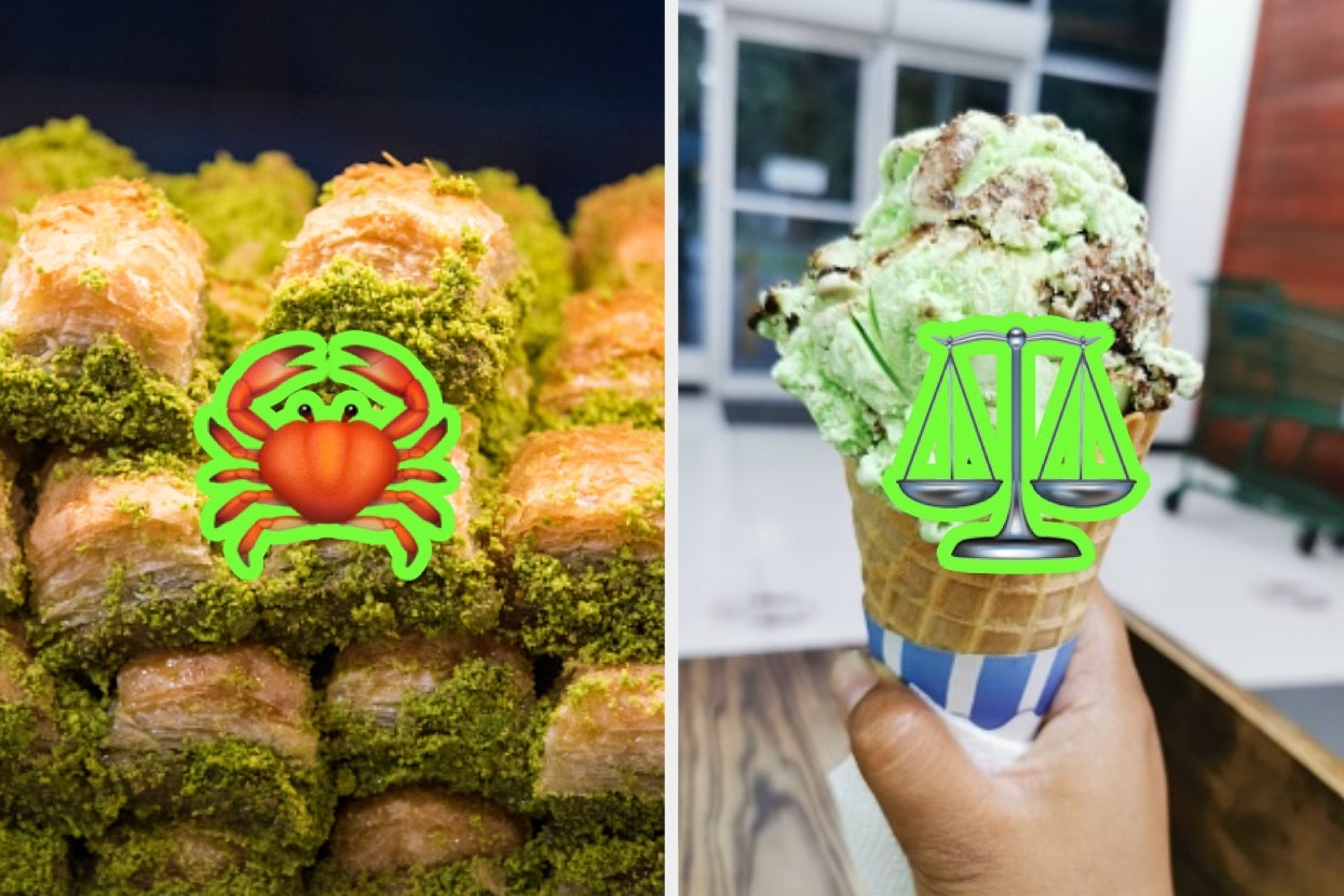 Left: Stack of pastries with a crab emoji. Right: Hand holding ice cream cone with scales emoji