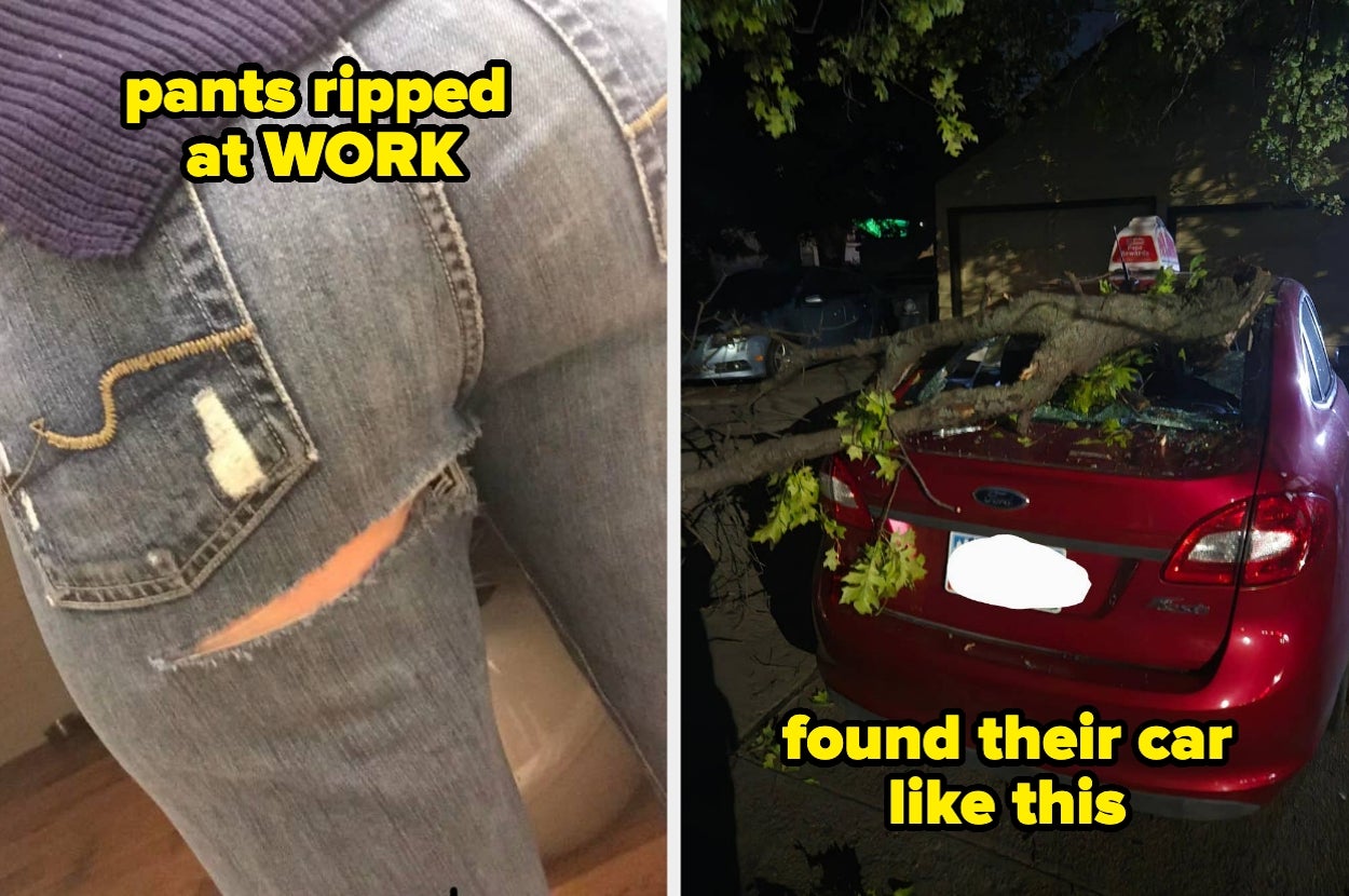 Ripped jeans at work and a red car damaged by a fallen tree branch, with bold captions highlighting the incidents