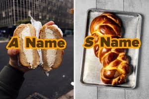 Person holding bagel with cream cheese; braided bread on a tray. Large orange initials overlay both images