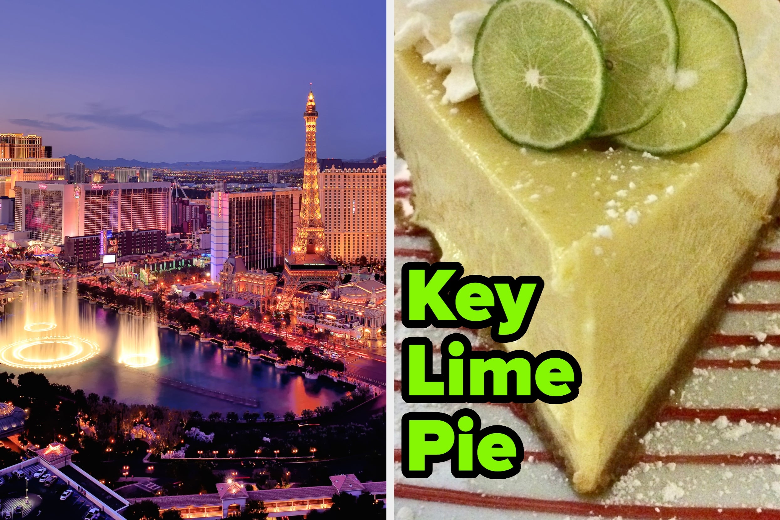 Left: Aerial view of Vegas Strip at night. Right: Slice of key lime pie with lime garnish, text reads "Key Lime Pie."