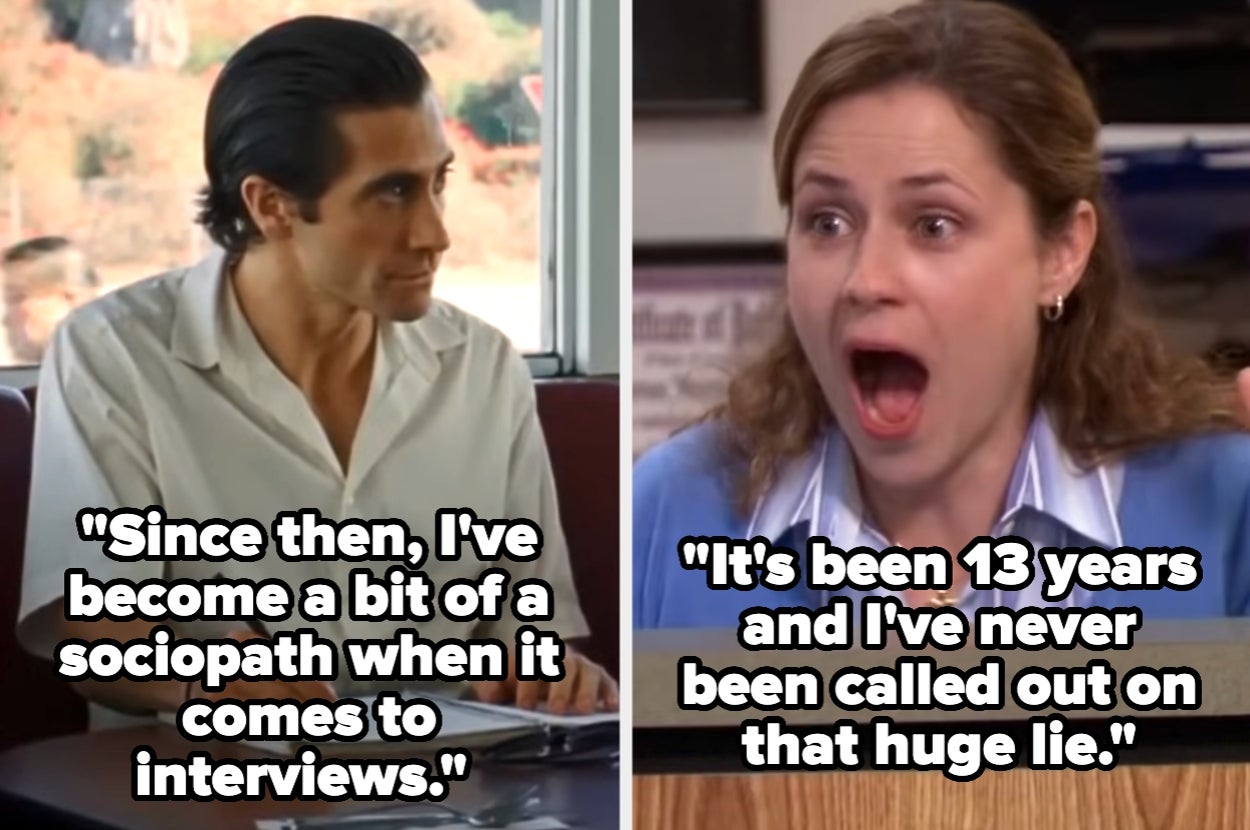 On the left, a man in a formal outfit talks intently. On the right, a woman in a business casual outfit appears shocked