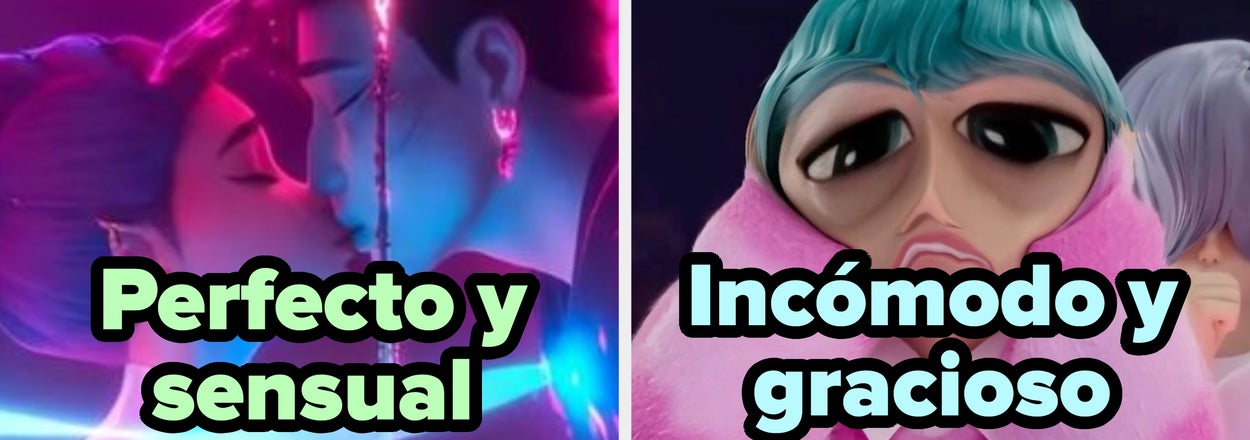 Dos imágenes: una de una pareja besándose en un entorno futurista, con el texto "Perfecto y sensual", y otra de una figura animada con expresión graciosa, con el texto "Incómodo y gracioso"