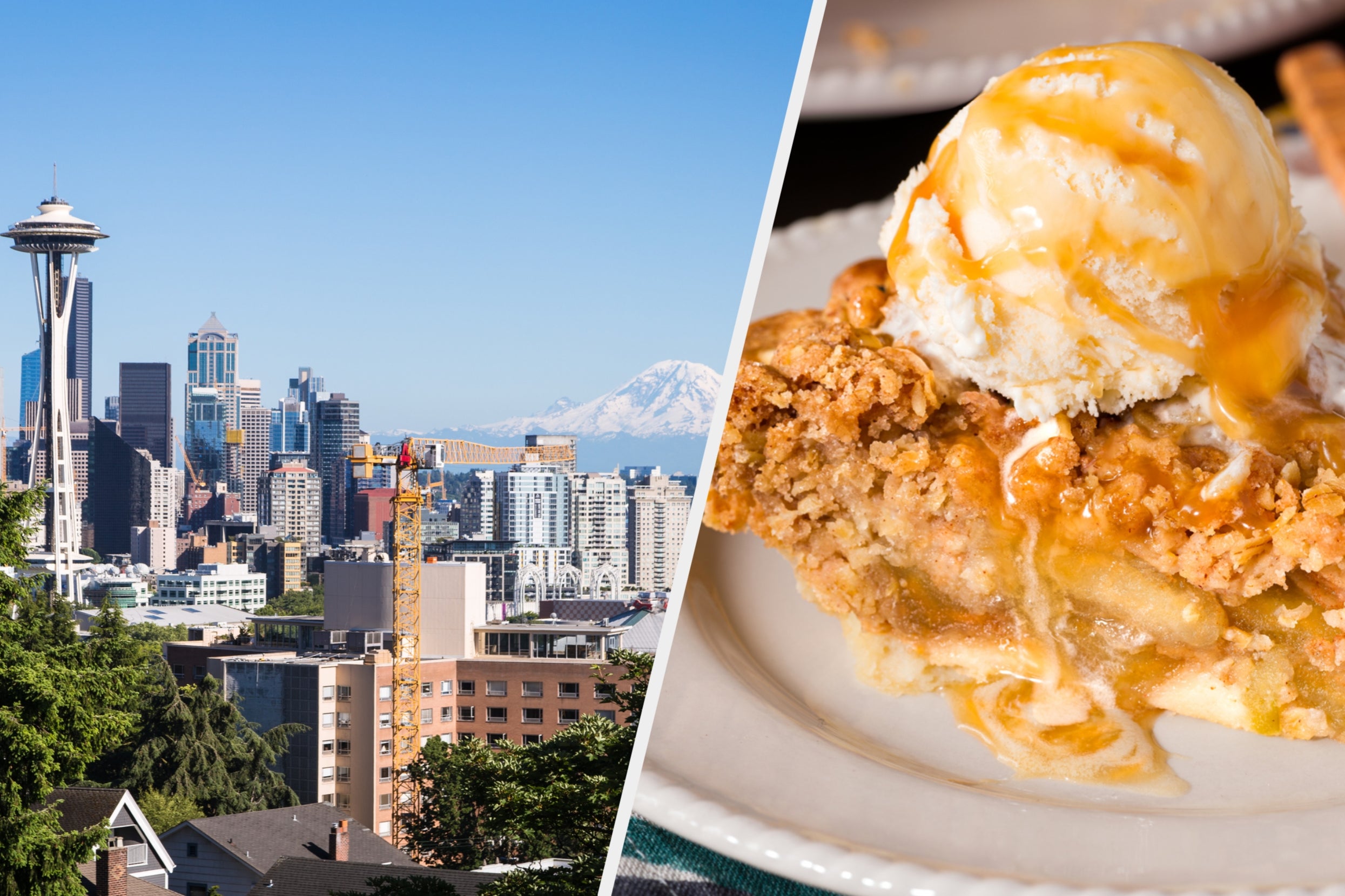 Seattle skyline featuring Space Needle; split with close-up of apple pie topped with ice cream and caramel