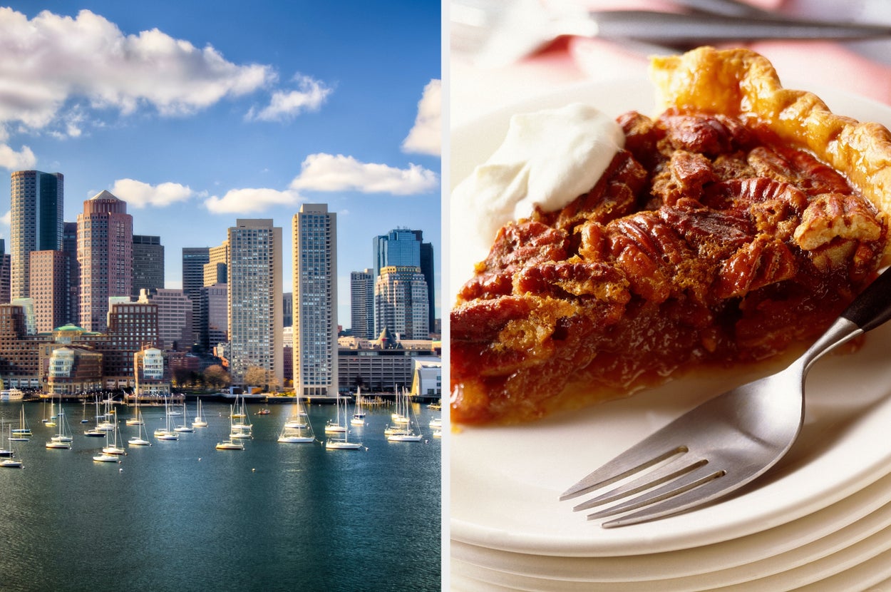 City skyline with boats on a harbor beside a close-up of a pecan pie slice with a dollop of cream and a fork