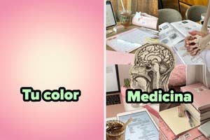 El collage muestra dos imágenes: a la izquierda, un degradado con texto "Tu color", a la derecha, material de estudio de medicina sobre un escritorio