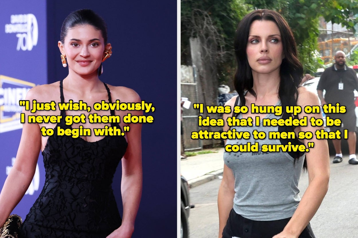 Two women with quotes about cosmetic decisions and societal pressures. One in an elegant black dress, the other in a casual gray top