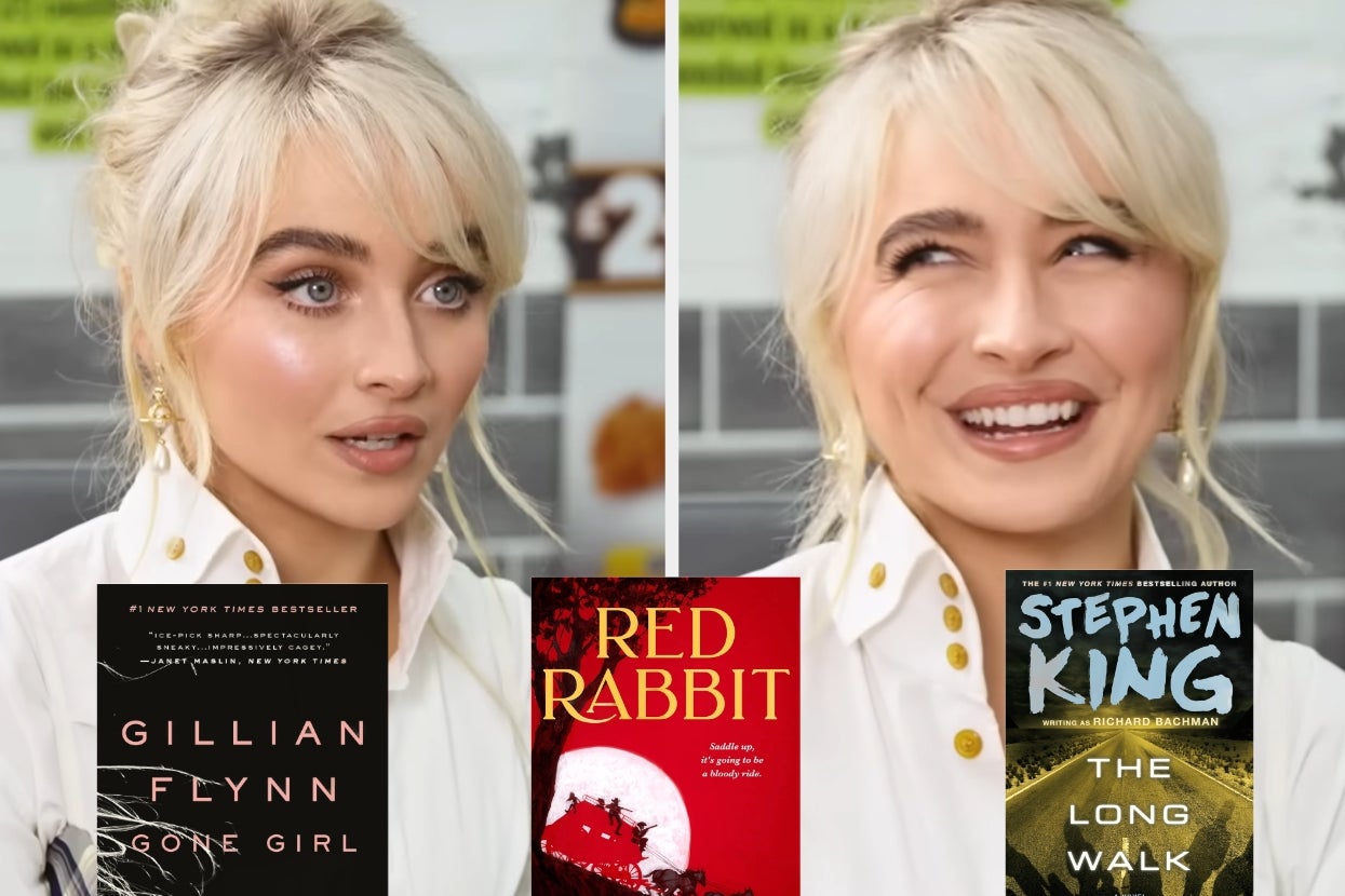 Person with blonde hair speaking and smiling; book covers: "Gone Girl" by Gillian Flynn, "Red Rabbit" by Tom Clancy, "The Long Walk" by Stephen King
