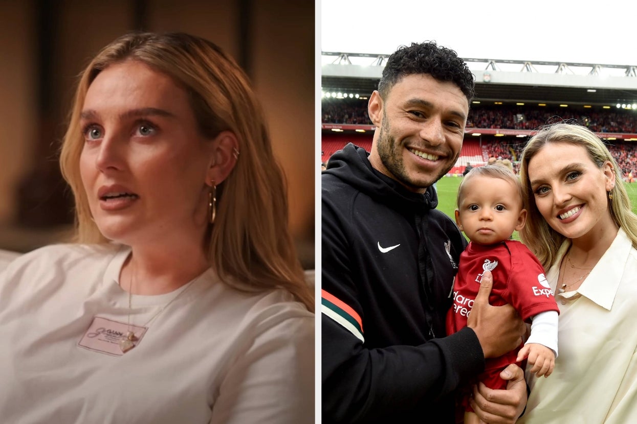 Perrie Edwards being interviewed vs. her with her boyfriend and son