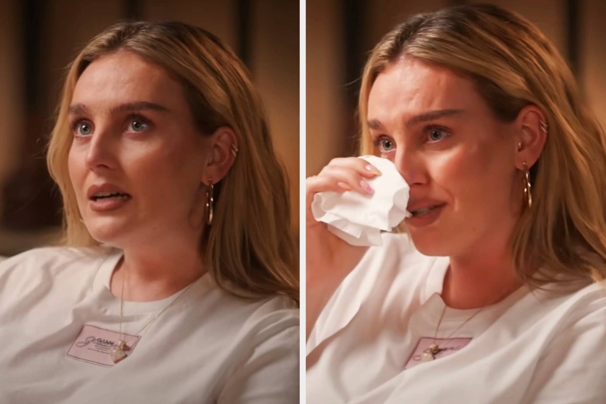 Perrie Edwards crying during an interview