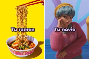Split image: Left shows a bowl of ramen; right shows an animated character with a playful expression. Labels read "Tu ramen" and "Tu novio."