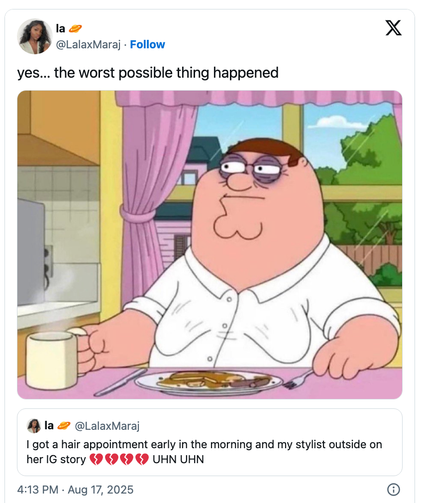 Cartoon character drinks coffee indoors. Tweet below describes a hairstyle appointment issue