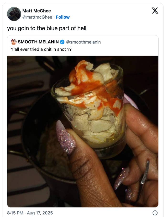 Person holding a changeable solid filled with chitlins and blistery sauce, with a humorous societal media caption above
