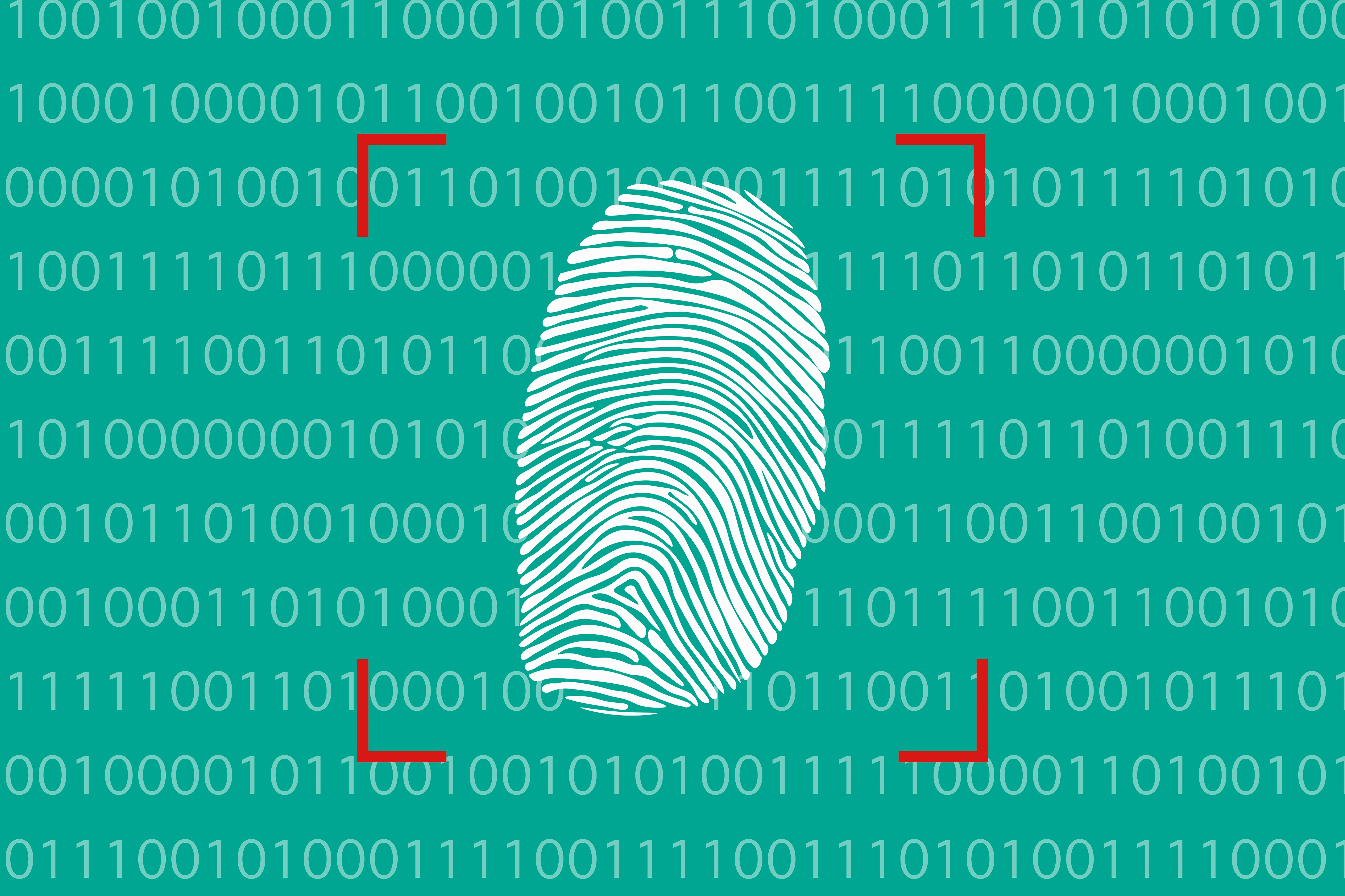 Fingeravtrykk omgitt av binær kode og røde hjørnerammer, noe som antyder fokus på digital sikkerhet eller biometriske data