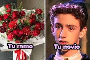 A la izquierda, un ramo de flores. A la derecha, un joven. Texto superpuesto: "Tu ramo", "Tu novio"