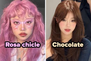 Dos personas con diferentes peinados: cabello rosa chicle ondulado a la izquierda y cabello liso color chocolate a la derecha