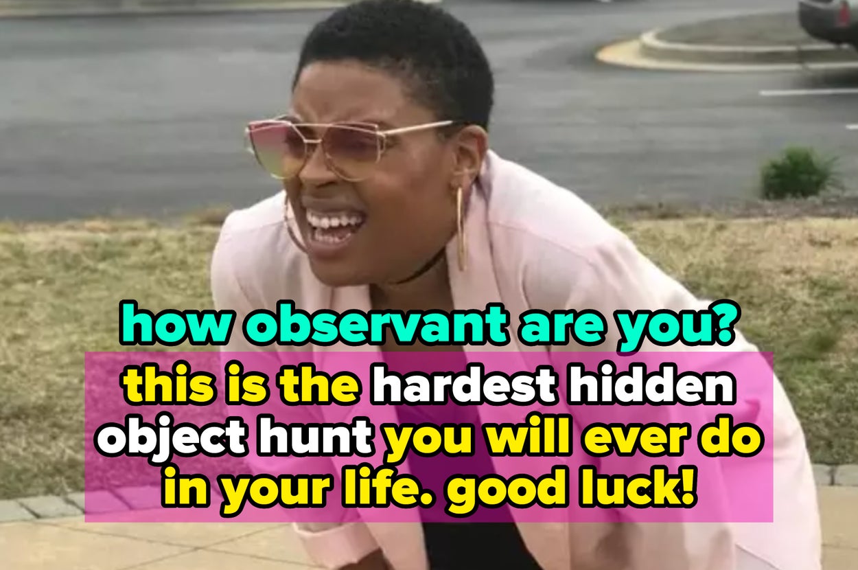 Person squinting while leaning forward outdoors. Overlay text: "How observant are you? This is the hardest hidden object search you will ever do in your life. Good luck!"