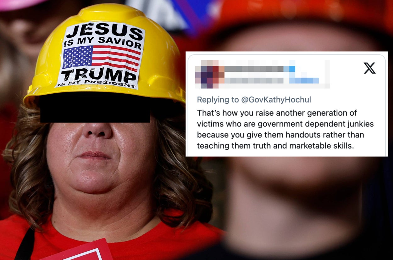 Person wearing a helmet reading "JESUS IS MY SAVIOR, TRUMP IS MY PRESIDENT." A tweet criticizing government assistance is superimposed