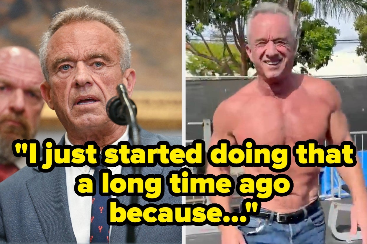 Man in a suit at a podium and a shirtless man outdoors. Caption: "I just started doing that a long time ago because..."