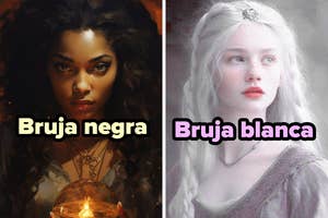 Imagen dividida: una figura con capa oscura junto a un árbol, otra en vestido blanco etéreo. Texto: "Bruja negra", "Bruja blanca"