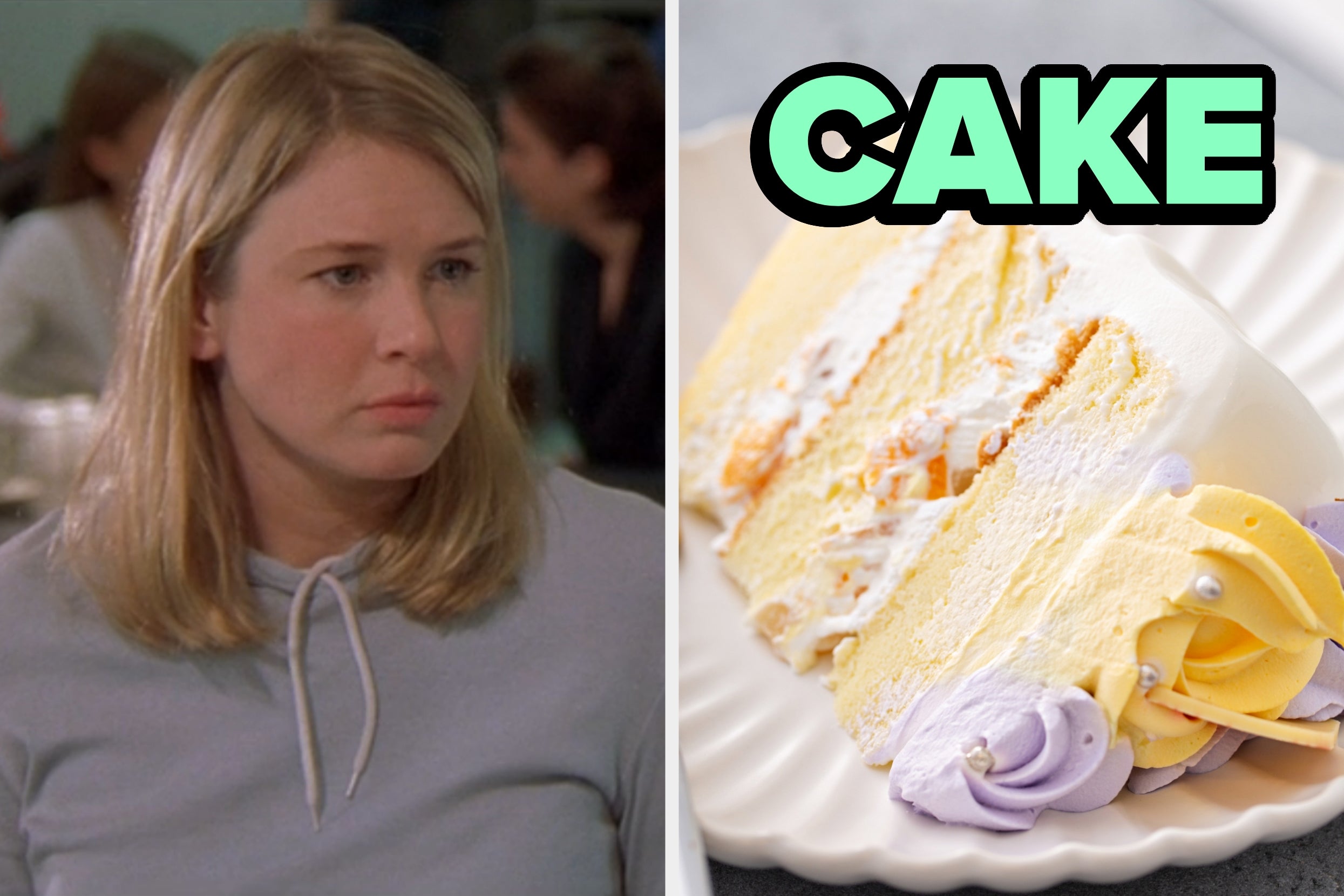 On the left, Renée Zellweger with a concerned expression on her face as Bridget in Bridget Jones's Diary, and on the right, a slice of cake on a plate