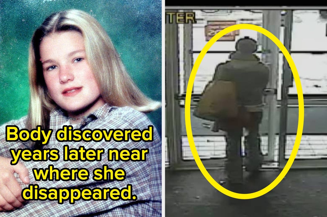 A split image; left shows a young girl, right shows CCTV footage of a person leaving a store. Headline discusses a body found years later near her disappearance site