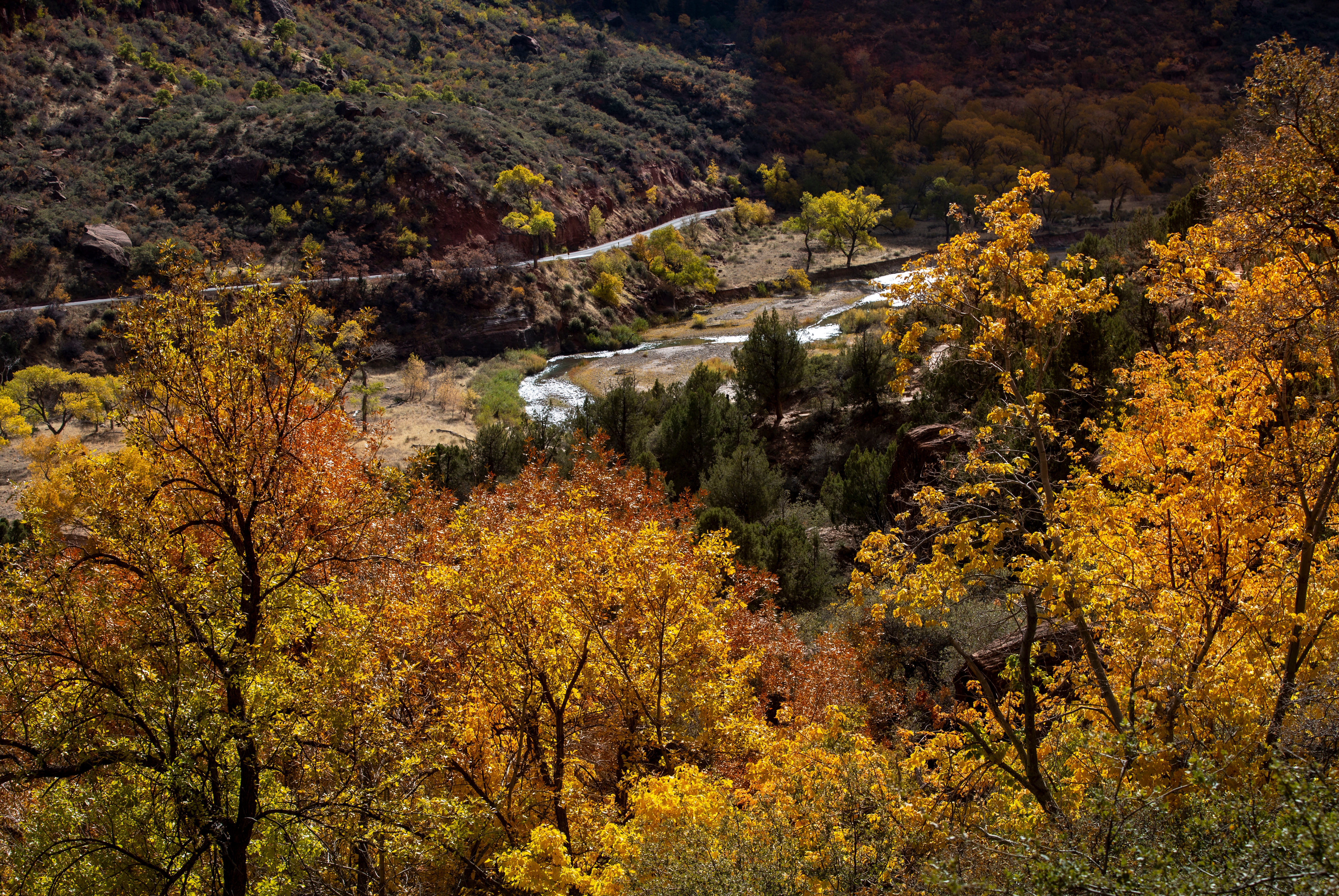 Høstlandskapsutsikt over en svingete elv omgitt av trær med fargerikt løvverk. Hills skaper et bakteppe, og fanger essensen av en naturskjønn naturinnstilling