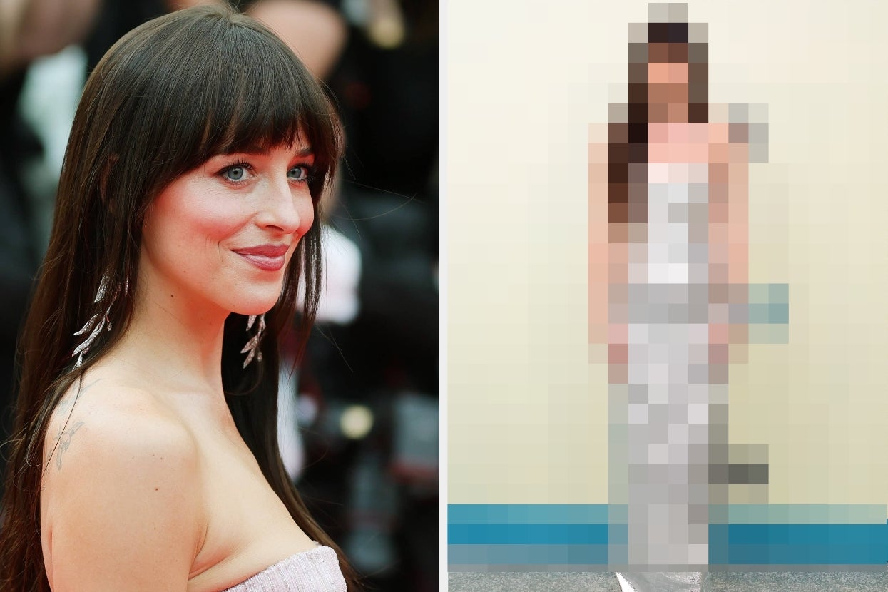 Dakota Johnson on red carpet wearing strapless gown and long earrings, with straight hairstyle vs Dakota Johnson in a foil like strapless dress at the Splitsville premiere