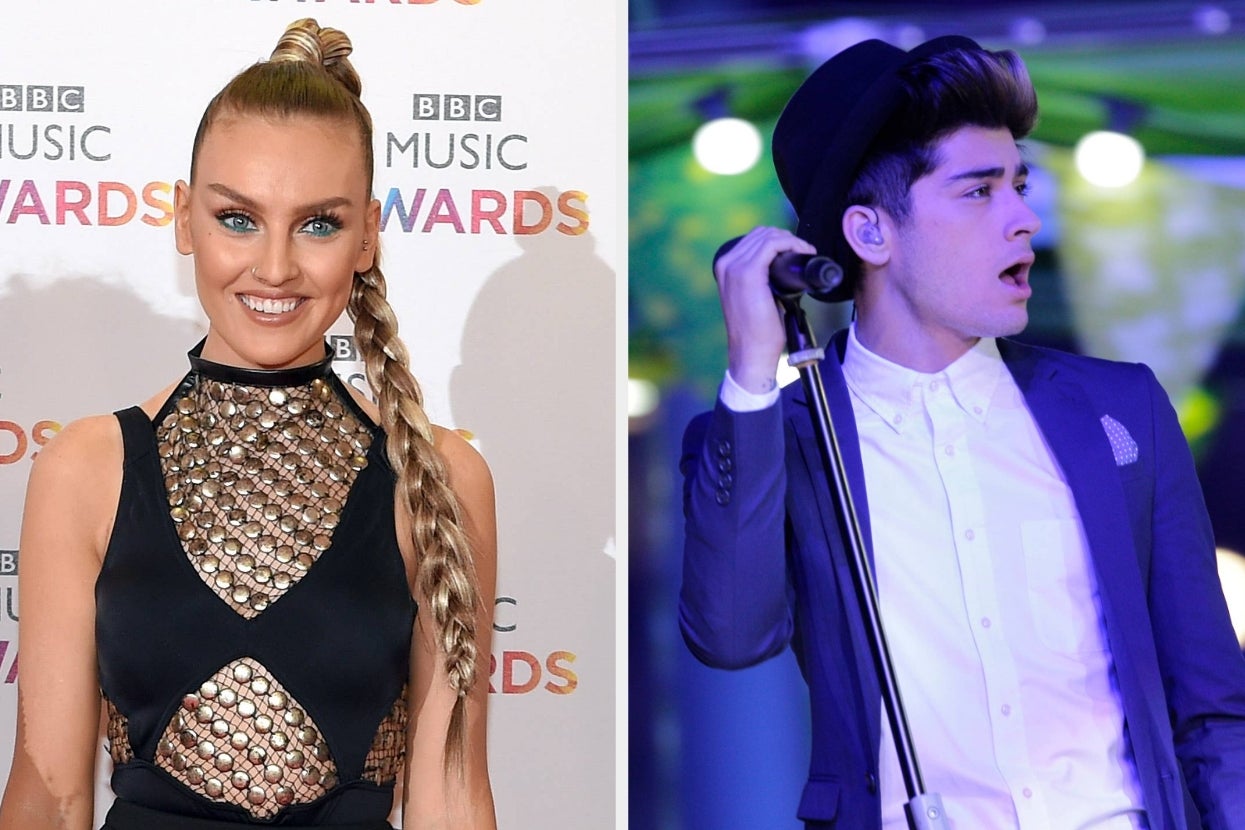 Left: Person with long braided hair in a black dress with metallic details at a music awards event. Right: Person singing in a suit and hat