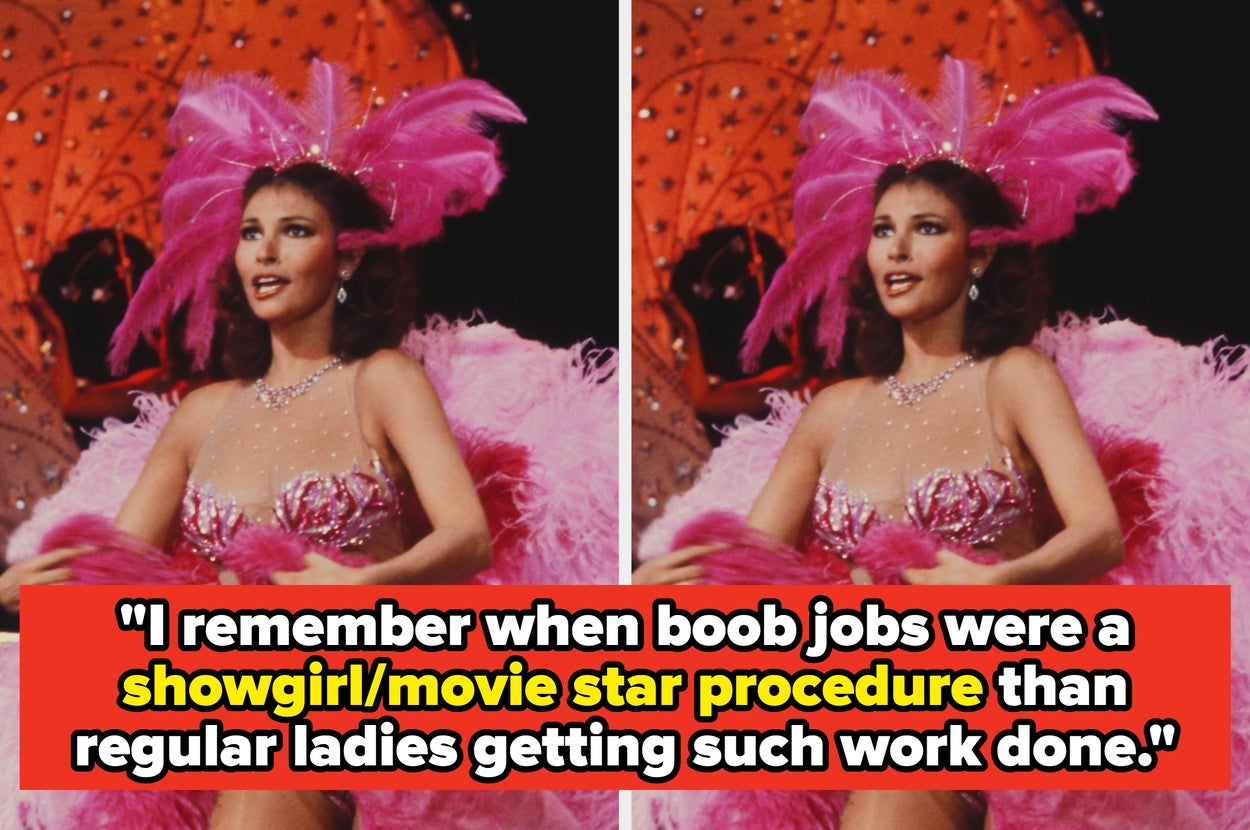 Performer wearing extravagant feathered costume and headpiece on stage, with a quote discussing the transformation of cosmetic surgery norms