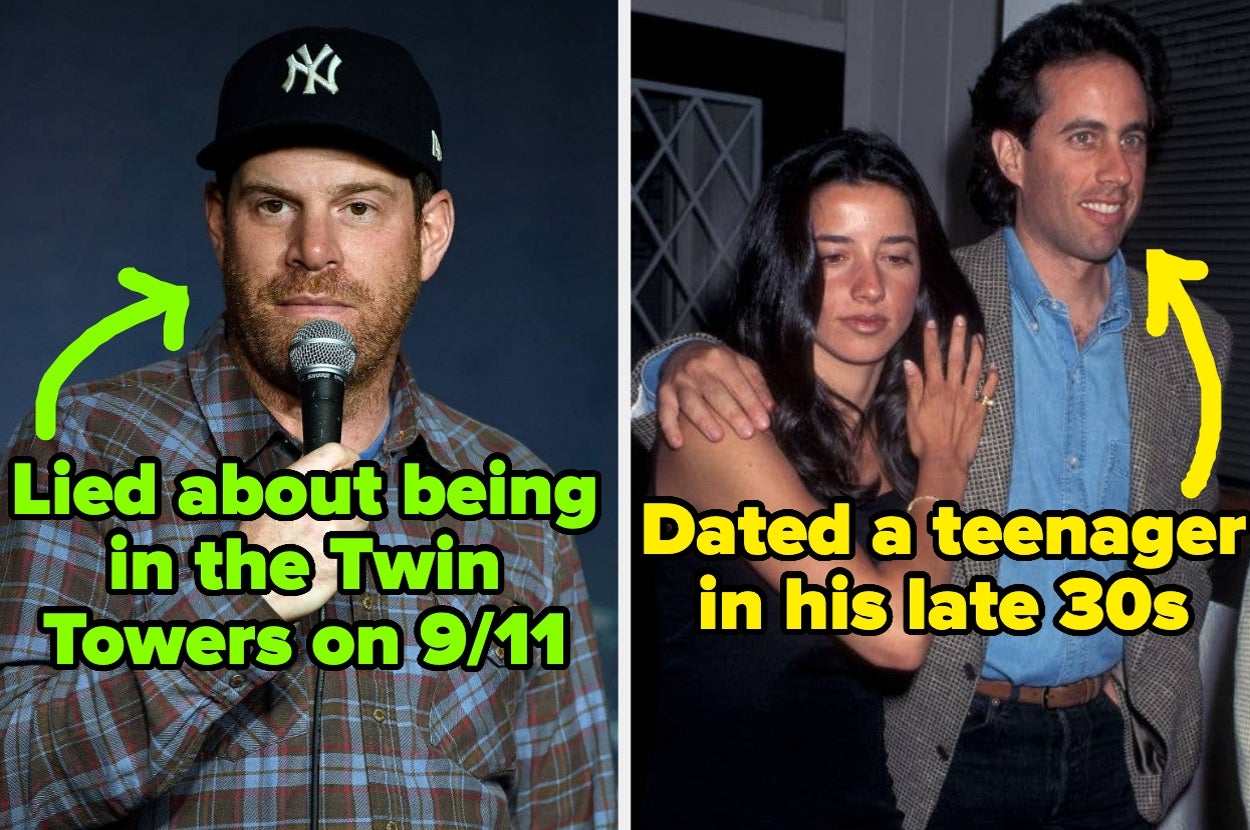 Steve Rannazzisi captioned "Lied about being in the Twin Towers on 9/11" and Jerry Seinfeld with Shoshanna Lonstein captioned "dated a teenager in his late 30s"