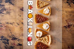 Various pie slices with whipped cream toppings arranged on parchment paper. To the left, the word "BAKING" is decorated with fall-themed icons