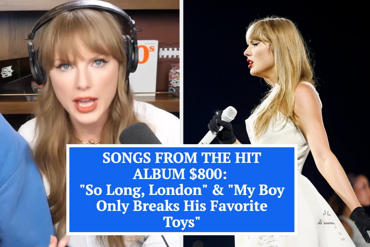 Two photos: A person with headphones speaking animatedly and the same person performing on stage in a white dress. Text: Song titles from the hit album