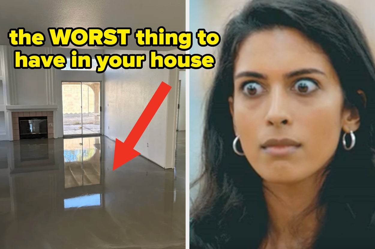 Shiny, reflective concrete floor surface on the left; a surprised woman on the right, text: "the WORST thing to have in your house"