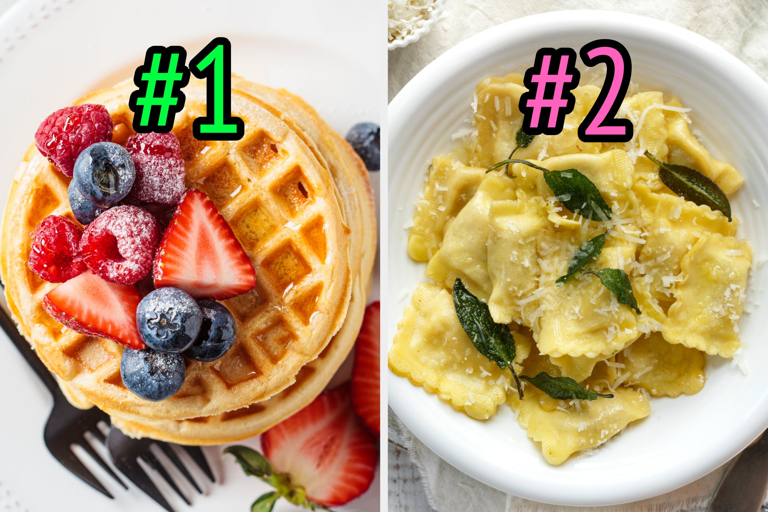 On the left, waffles topped with berries labeled number 1, and on the right, ravioli with cheese and sage labeled number 2