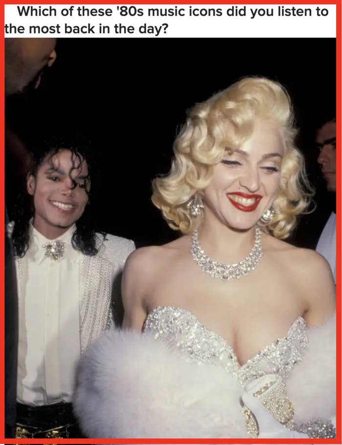 Two celebrities successful glamorous attire astatine an event; 1 wears a sparkling gown with a fur stole, the different a sequined jacket. Text asks astir 80s euphony icons