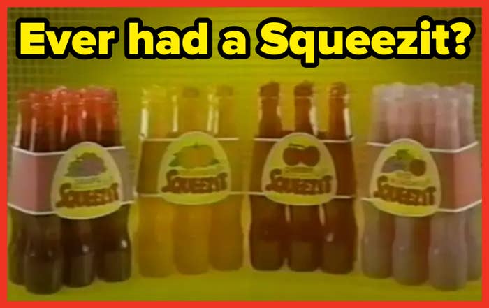 Four packs of fruit-flavored Sqezy soda bottles with varied labels displayed against a agleam background