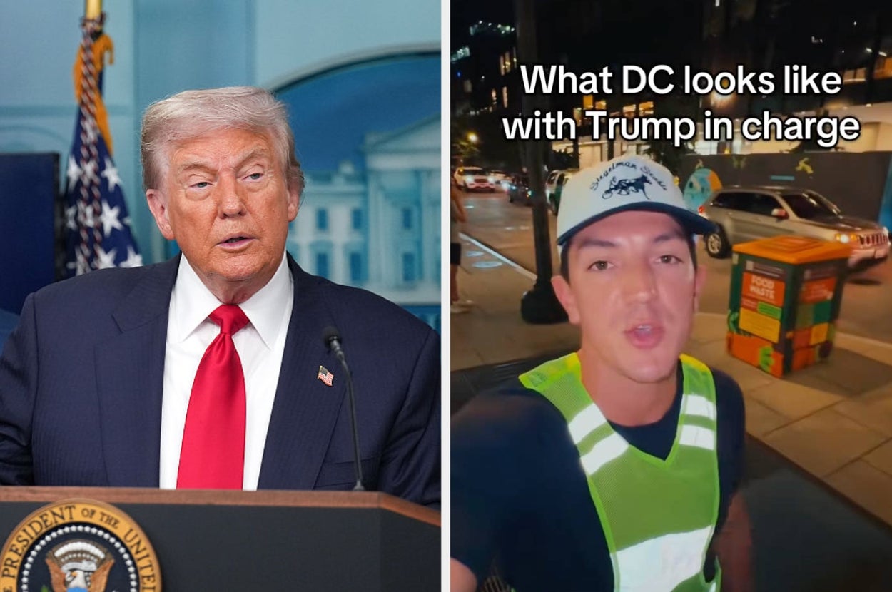 Image split: Left, a man in a suit behind a podium. Right, a person in a safety vest on a city street; text reads "What DC looks like with Trump in charge."