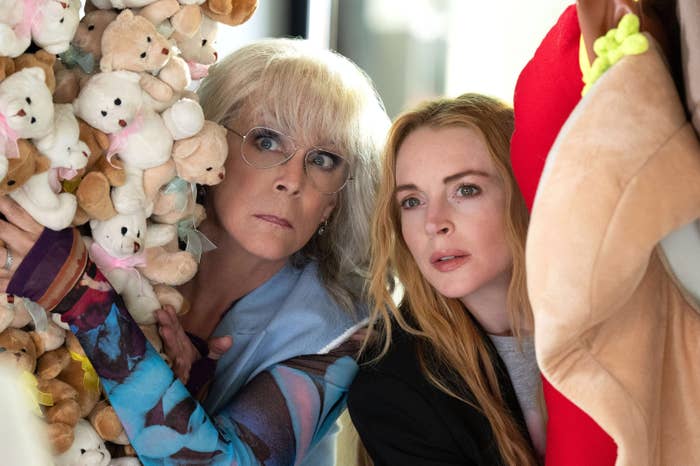 Two radical peek retired from down plush toys. One wears glasses and a patterned top, the different has agelong hairsbreadth and a blazer. Both look focused and intrigued