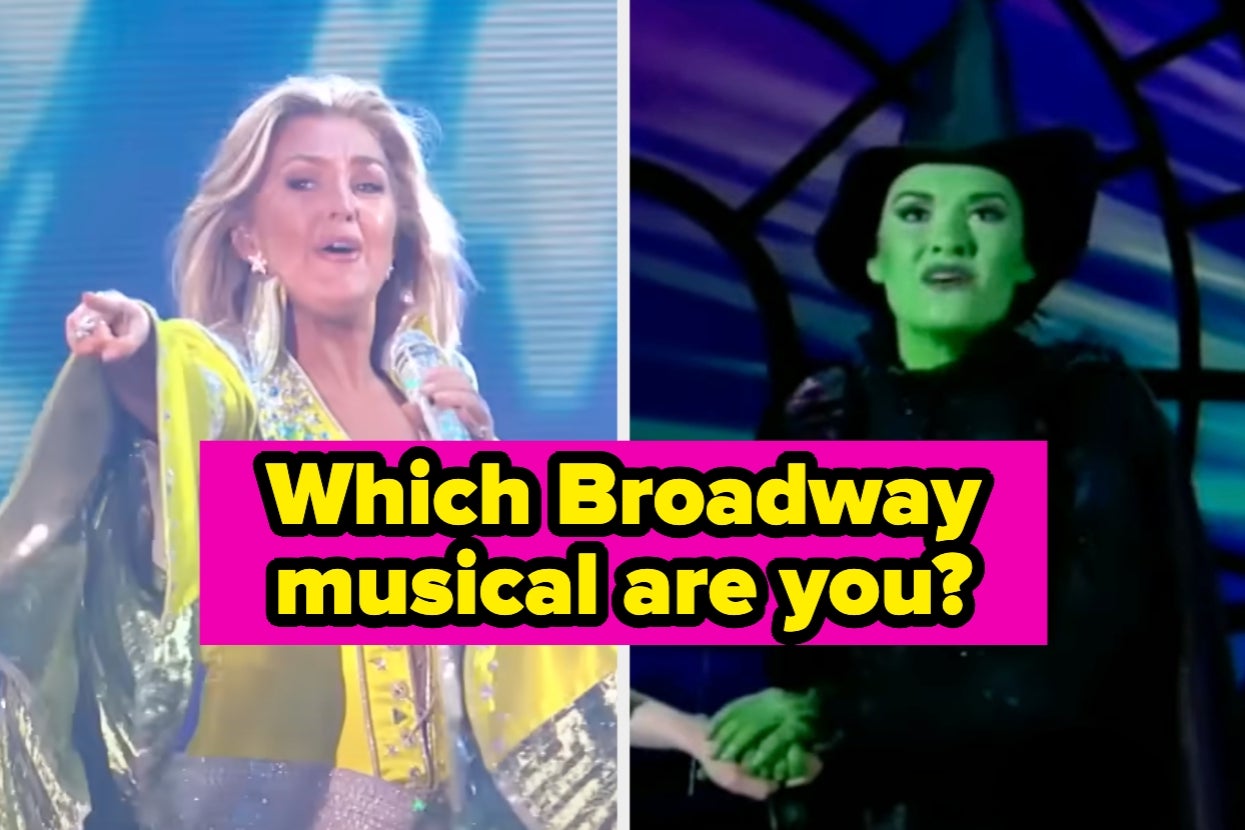Singer performing energetically on stage; a character from a musical dressed as a witch. Text: "Which Broadway musical are you?"