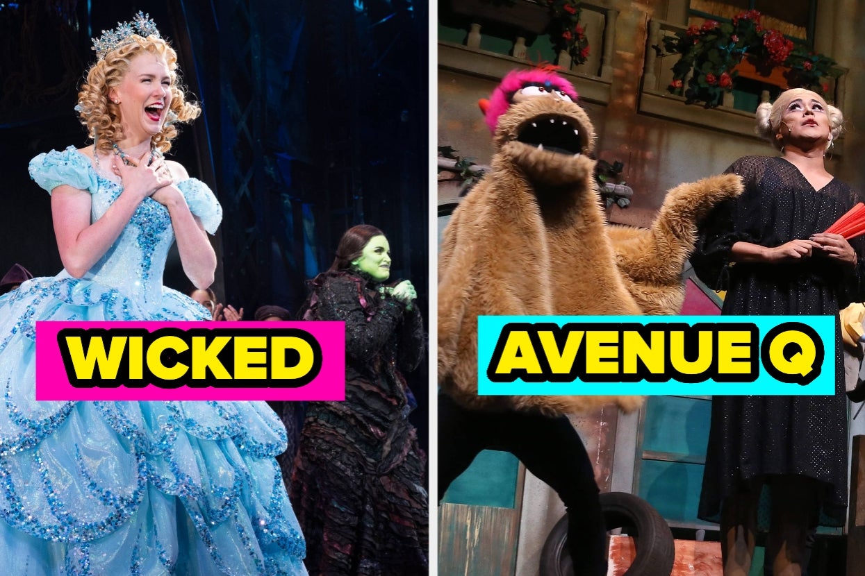 Split image: Left shows two performers in "Wicked" with theatrical costumes; right shows "Avenue Q" cast, including a puppet and actor in lively performance