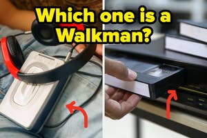 Split image: left, a person with headphones and a portable cassette player; right, a hand inserting a VHS tape into a player