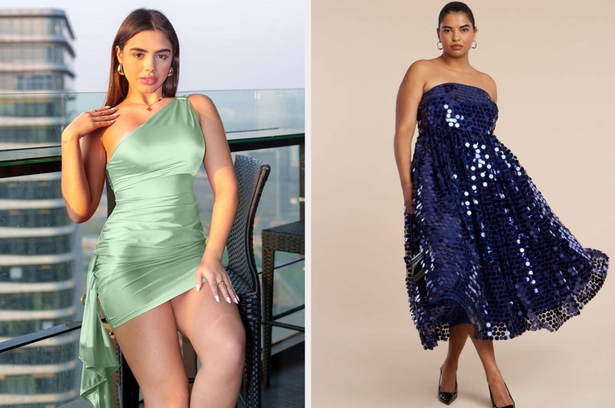 Two models showcase dresses: one in a sleek, asymmetrical dress; the other in a strapless, sequined midi dress, highlighting different styles