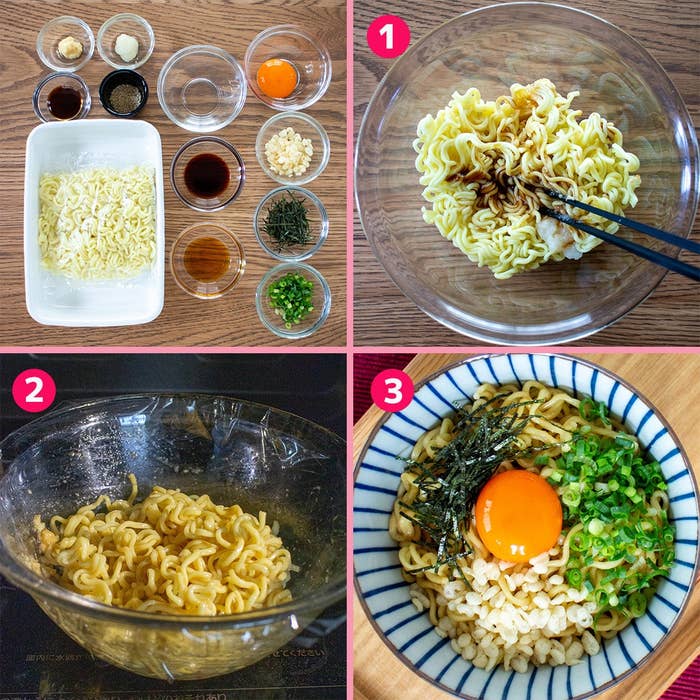 材料写真と、ラーメンの作り方を説明する3ステップの調理プロセスが示された画像です。
