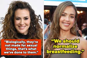 Two women, each with text: "Biologically, they're not made for sexual things, that's what we've done to them." "We should normalize breastfeeding."