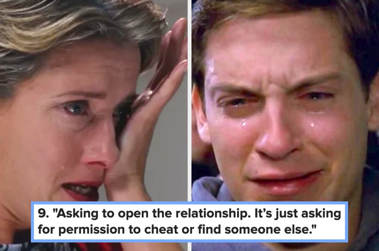 Two people in separate images appear emotional, with tears on their faces, expressing sadness or distress