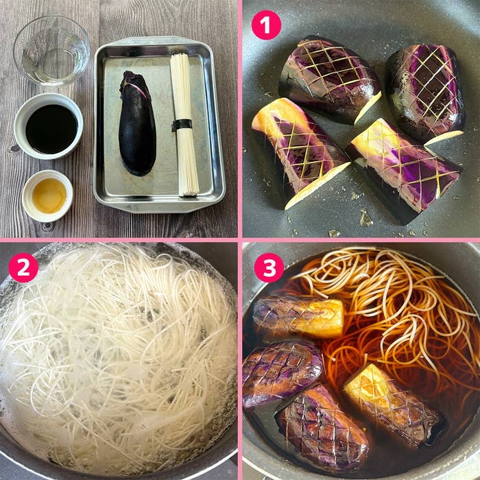 なすとそうめんの調理手順を示す画像。なすを切って焼く、そうめんをゆでる、調味料で煮る様子。