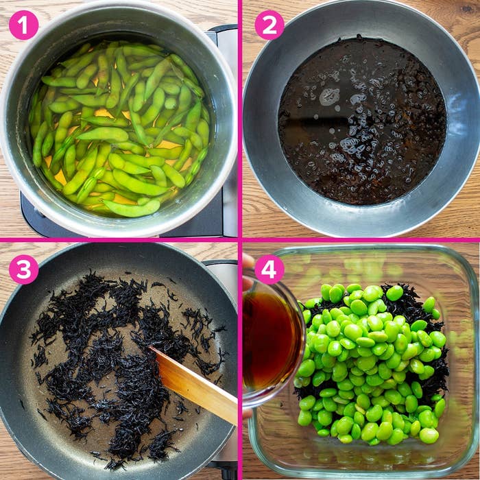 4枚の写真には、塩湯でされた枝豆、ひじきの戻し液、ひじきの炒め調理、枝豆とひじきと調味料の混合が写っています。