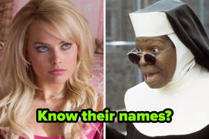 Two images side by side: A woman with long hair and a serious expression; a person in a nun's habit surprised. Text reads, "Know their names?"