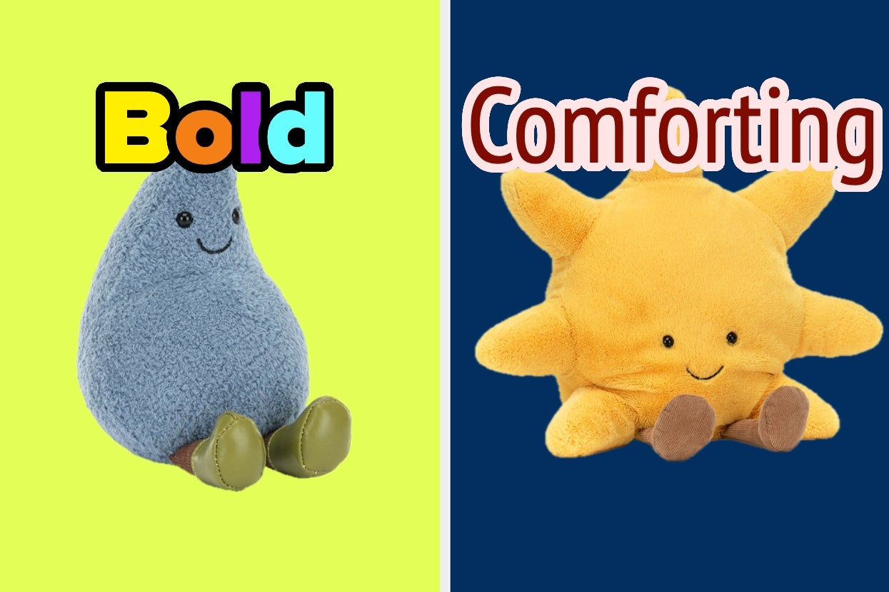 On the left, a blue plush raindrop with "Bold" above; on the right, a yellow plush sun with "Comforting" above. Both have friendly smiles