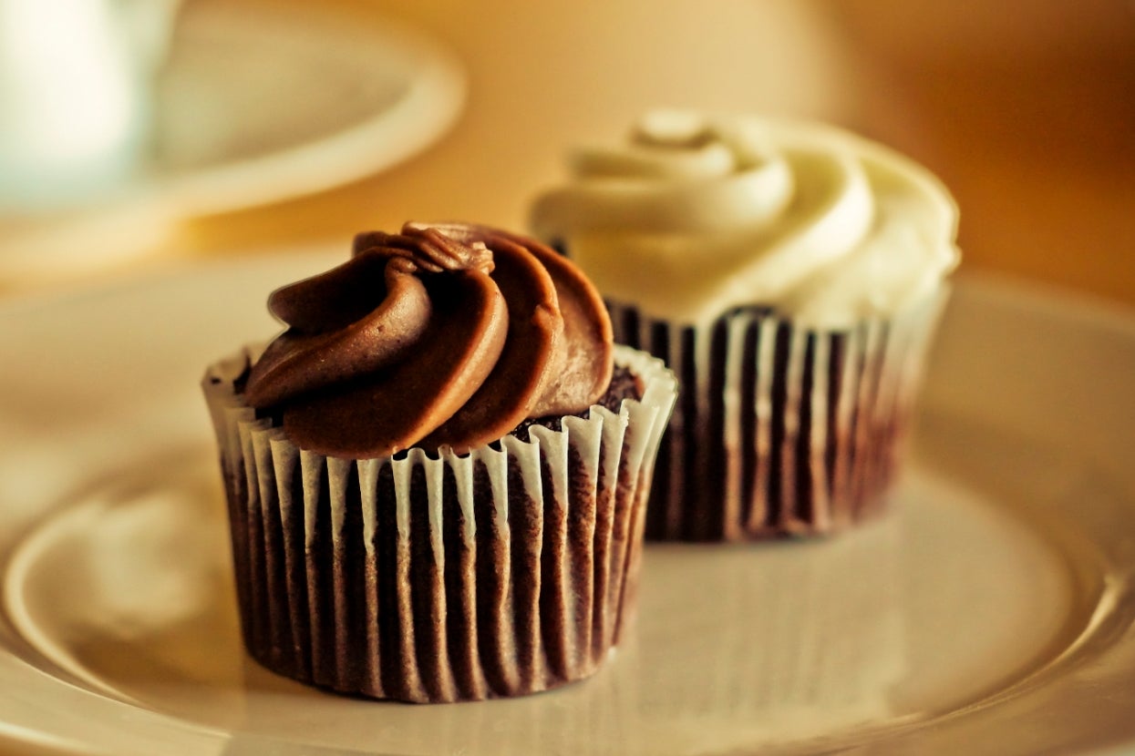 Two cupcakes on a plate; one with chocolate frosting, the other with vanilla frosting